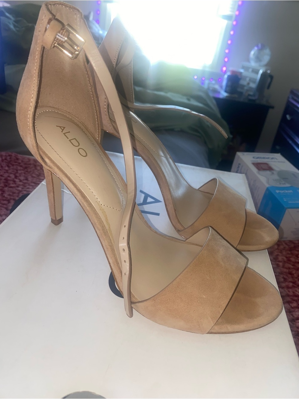 ALDO Nude/Tan Suede Open-Toe Stiletto Heels